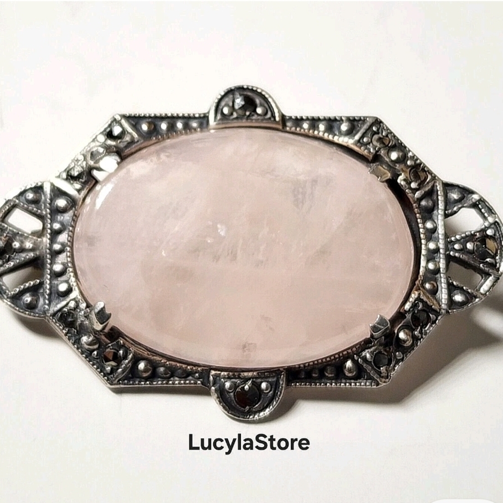 Vintage European Sterling Silver 925 Oval Pink Quartz and Marcasite Brooch Pin T
